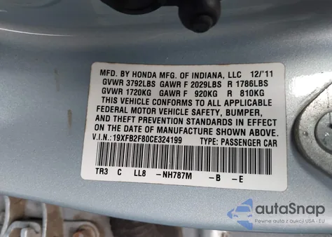 2012 Honda Civic Ex из США, поврежденный, VIN 19XFB2F80CE324199